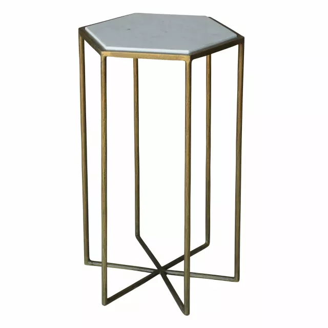 Geometric gold and white marble side table with art-inspired wood elements