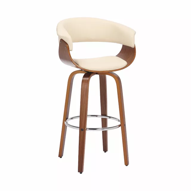 Low back bar height bar chair with wood and metal art design featuring armrests
