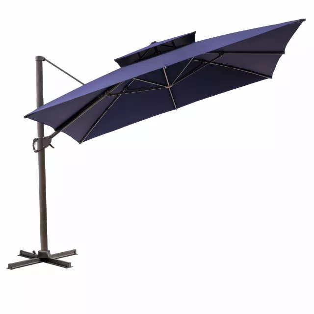 Round tilt cantilever patio umbrella stand providing shade and balance for outdoor recreation