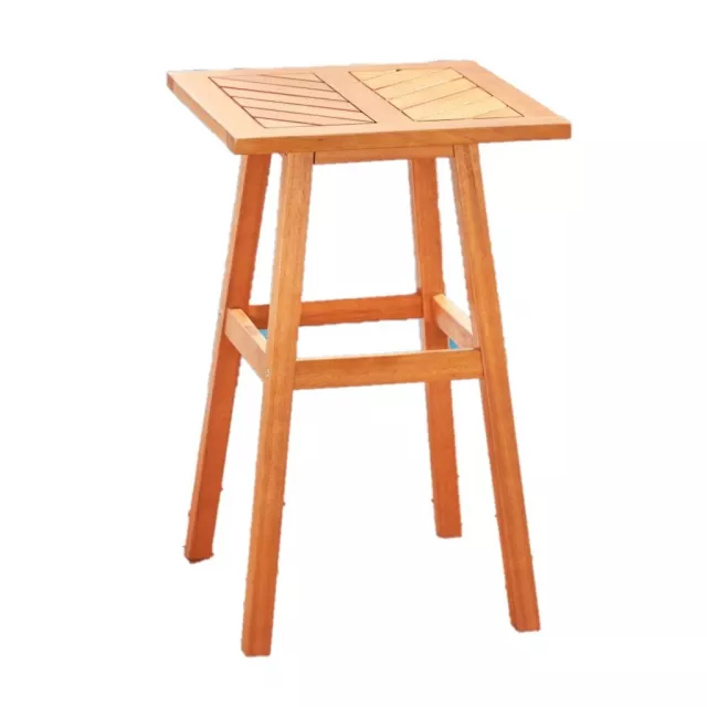 Eucalyptus slat wood outdoor end table with wood stain next to chair