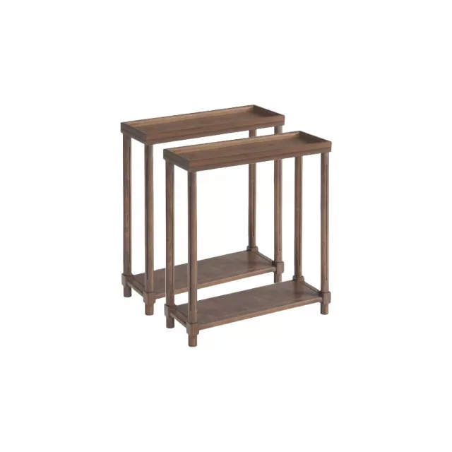 Brown wood rectangular end table with shelf for living room or patio