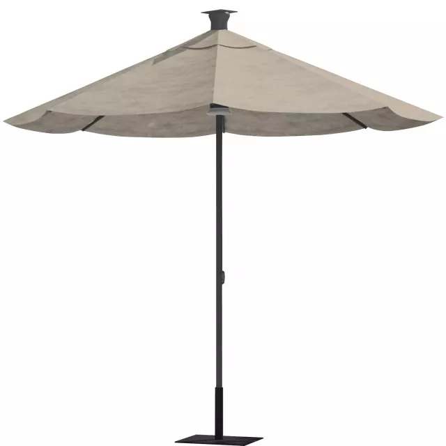 Lighted market patio umbrella with USB solar charging feature and stylish metal frame