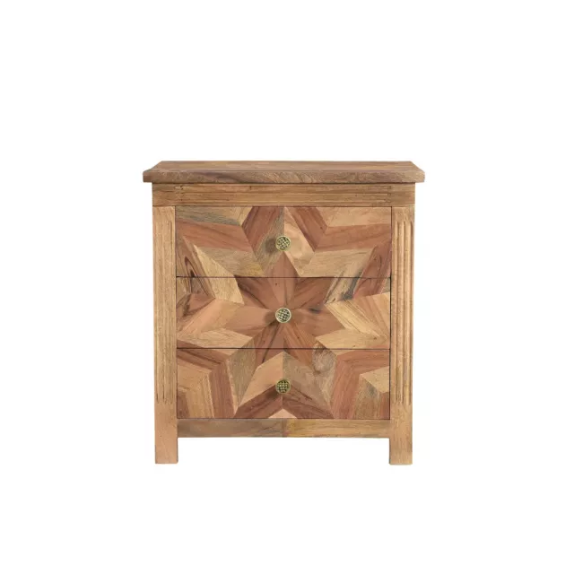 Brown geometric solid wood nightstand with drawers and shelf