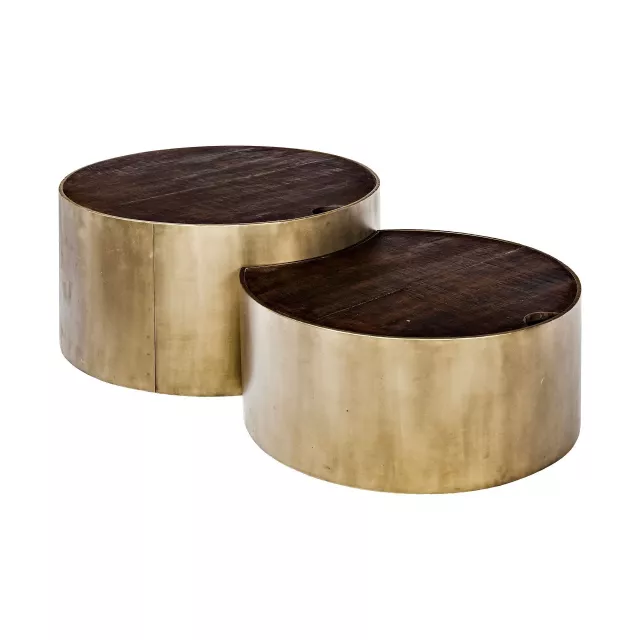 Round wood nesting coffee tables with metallic accents