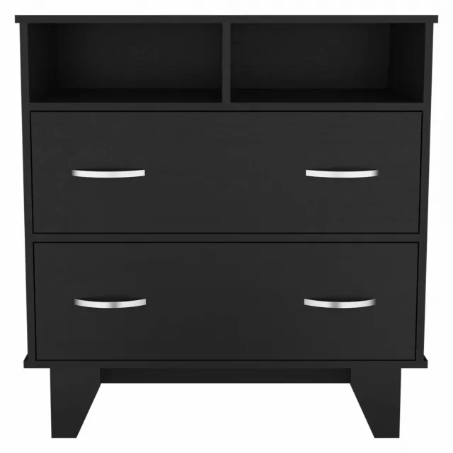 Black manufactured wood drawer dresser with sleek design and modern handles