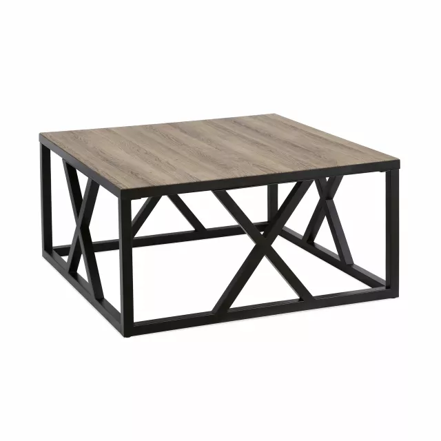 Black steel square coffee table with wood stain finish for outdoor use