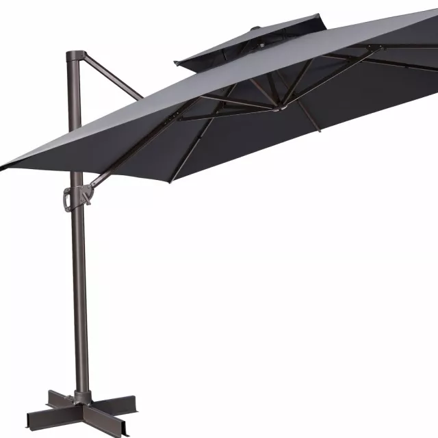 Square tilt cantilever patio umbrella stand with shade rectangle and metal composite materials for outdoor recreation events