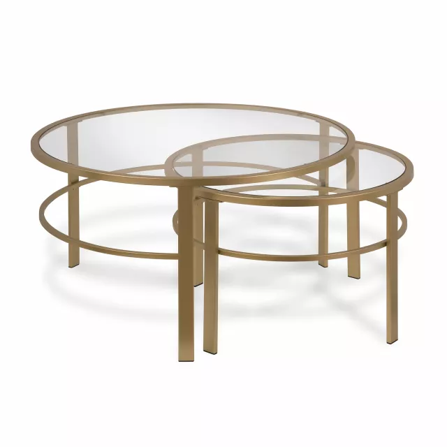 Glass steel round nested coffee tables with wood and metal accents