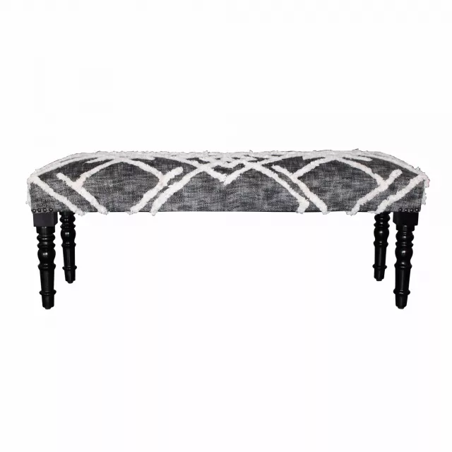 White geometric cotton upholstered distressed bench for outdoor furniture