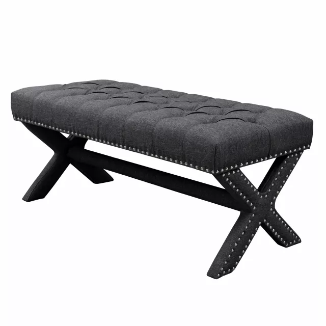 Dark gray upholstered linen bench suitable for outdoor furniture with comfortable seating and modern design