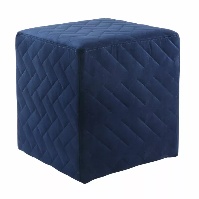 Navy blue velvet quilted cube ottoman in electric blue shade with textured finish
