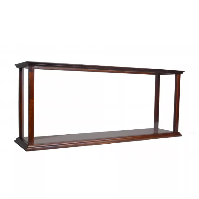 Brown clear glass standard display stand with wood stain and hardwood material