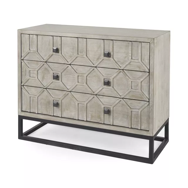 Contemporary light wash diamond accent cabinet with wood chest of drawers and metal details