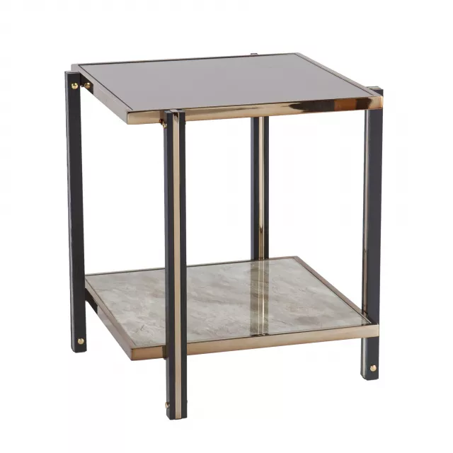 Iron square mirrored end table with shelf in hardwood and plywood finish