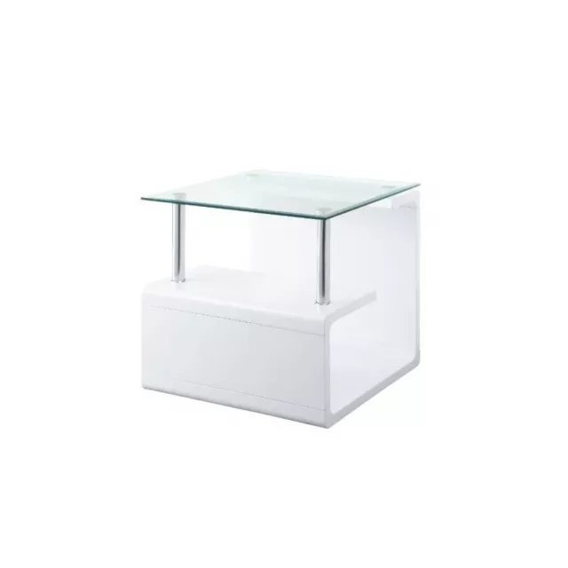 Glass wood square end table with metal accents and transparent shelves