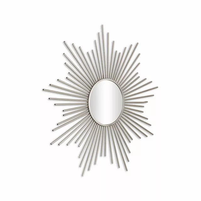 Silver metal sunburst design wall mirror for home decor with art circle logo in electric blue graphics