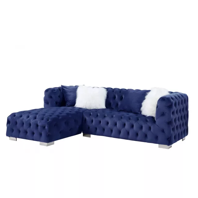 Blue velvet L-shaped seating component with pillows and comfort design