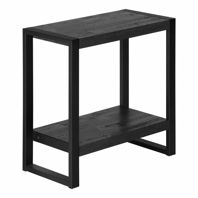 Black end table shelf with wood hardwood pedestal and shelving for outdoor furniture