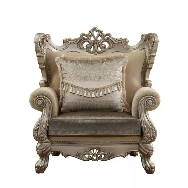 Champagne fabric trellis club chair with wood armrests and hardwood details