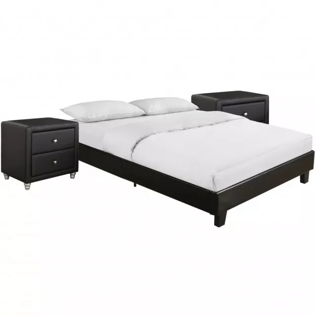 Black platform queen bed with integrated nightstands for modern bedroom decor