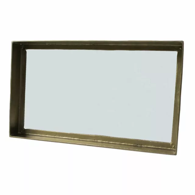 Gold cast aluminum rectangular mirror with picture frame and electric blue square serveware in transparency