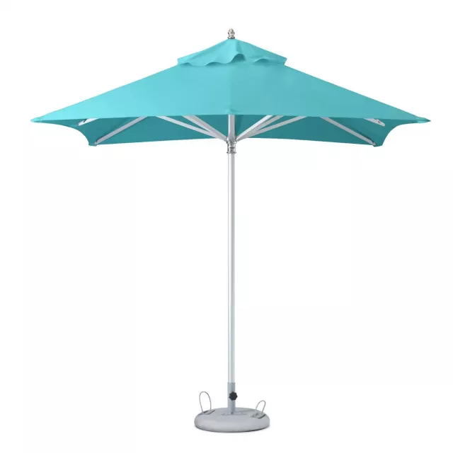 Aqua polyester square market patio umbrella with white azure shade and electric blue accents