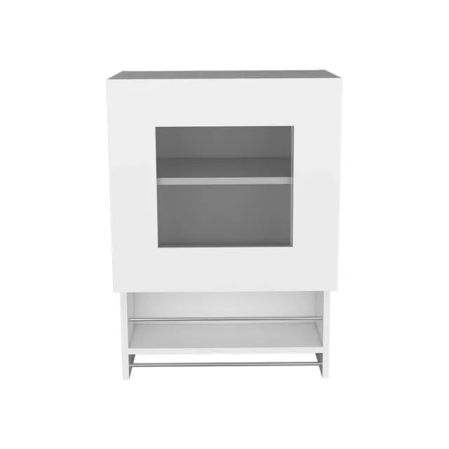 White wall mounted accent cabinet shelf with shelving and wood details
