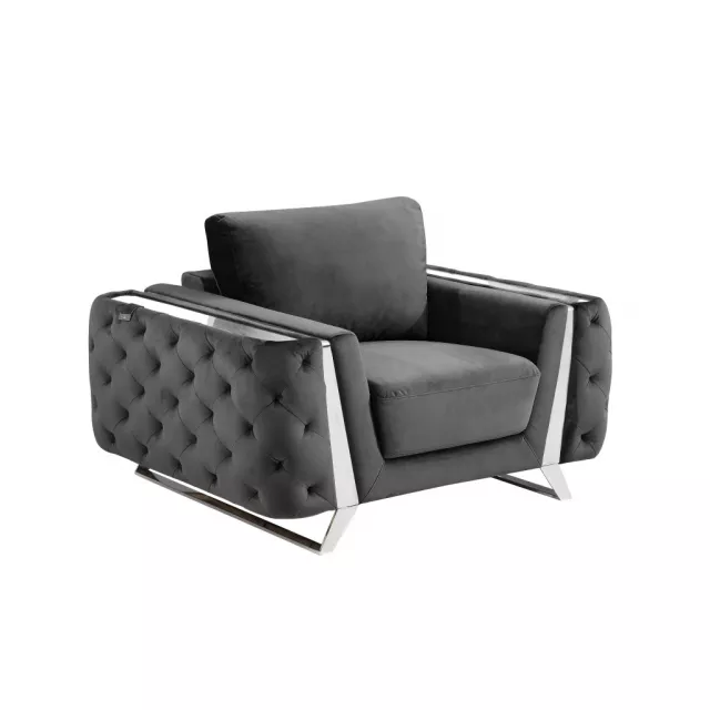 Gray silver velvet tufted armchair with comfortable armrests and futon pad