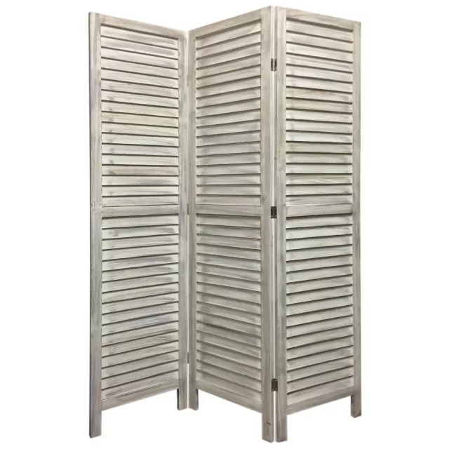 Panel washed white shutter divider screen in wood with beige grille design