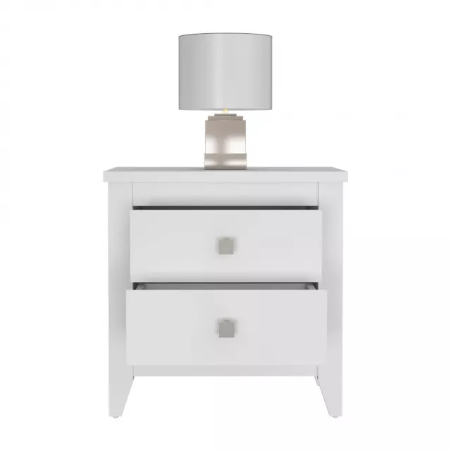 White drawer nightstand with metal handles and rectangular design in furniture category