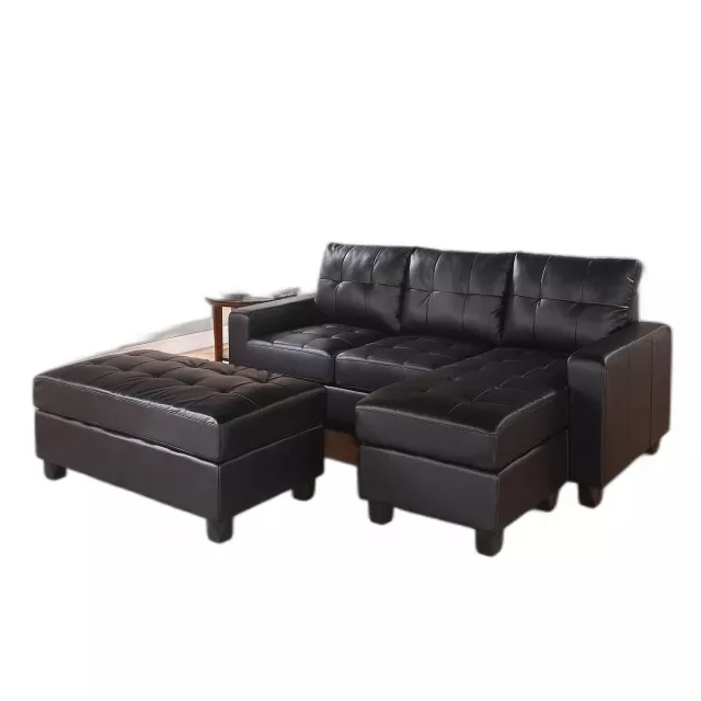 Leather stationary L-shaped sofa chaise with comfortable hardwood flooring