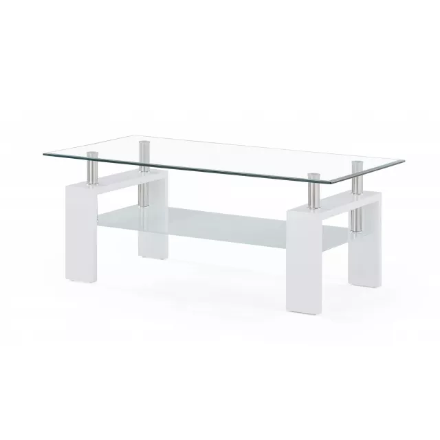 Clear white glass coffee table with shelf for modern home decor
