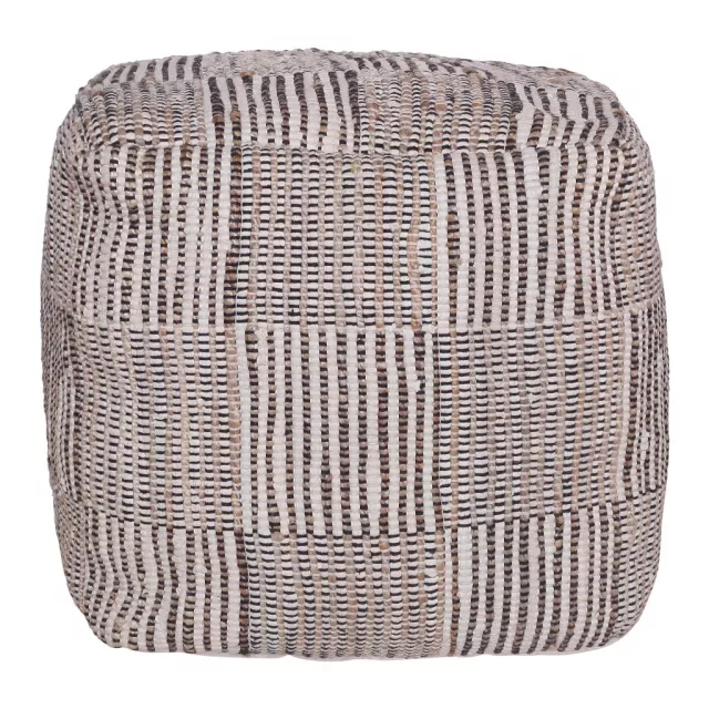 Brown cotton cube geometric pouf ottoman in beige woolen fabric with natural material texture