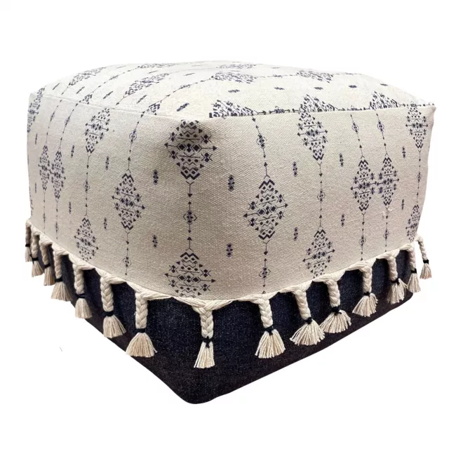 Blue cotton ottoman with patterned design and fashion accessory accents