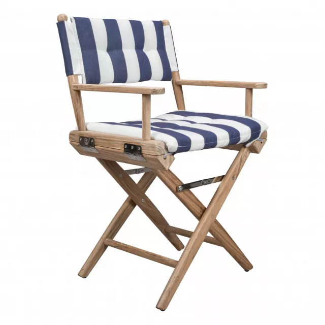 Wood director chair with blue and white cushion
