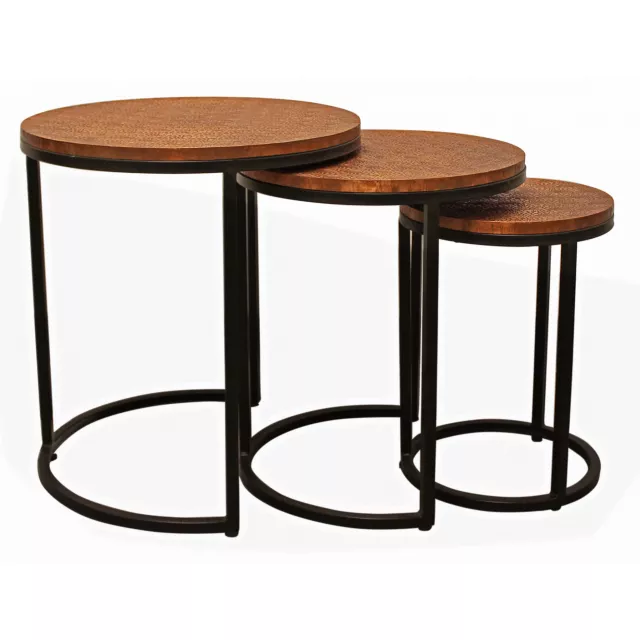 Black copper round nested tables set as outdoor furniture with art design elements