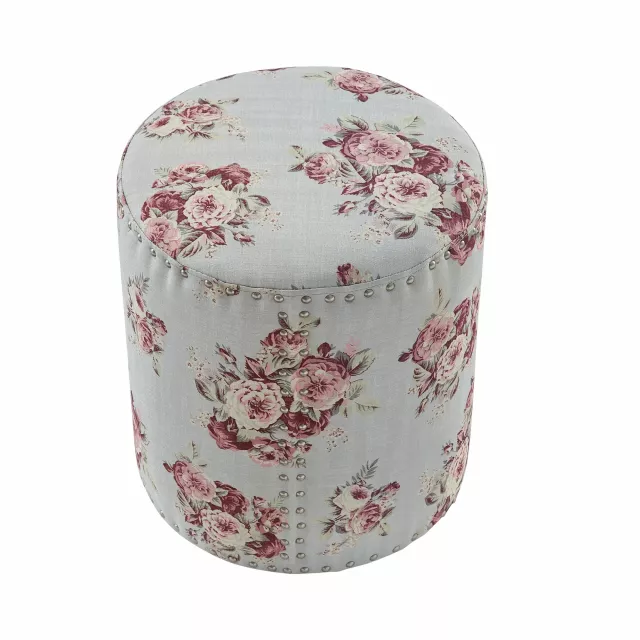 Pink linen round floral ottoman with magenta pattern and creative arts design