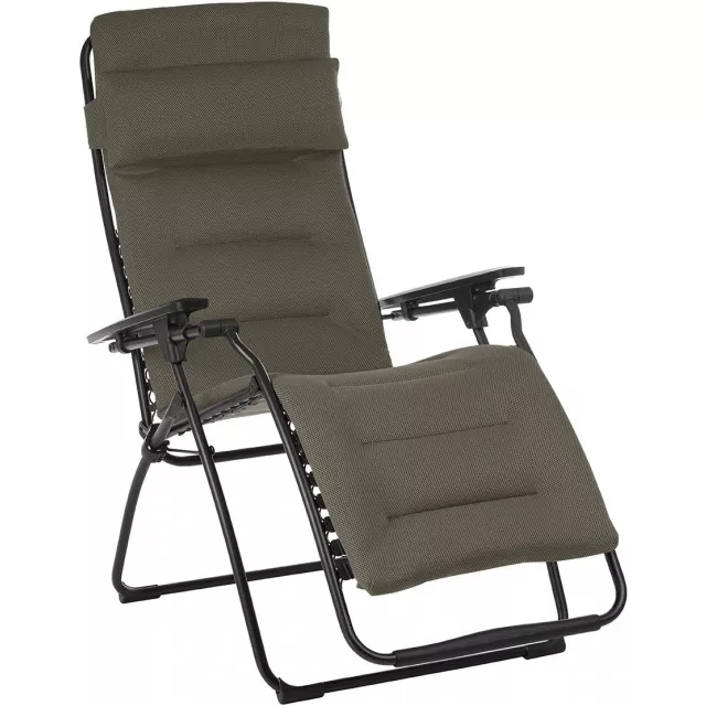 Taupe cushioned metal zero gravity chair for outdoor relaxation
