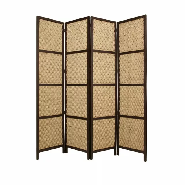 Brown wood braided rope screen with shelving and tints and shades design