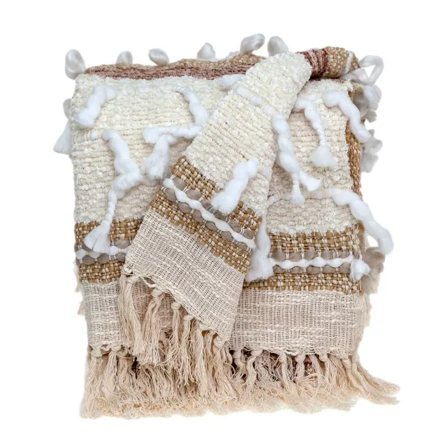 Maya eclectic beige woven handloom throw displayed on wooden table with creative arts elements