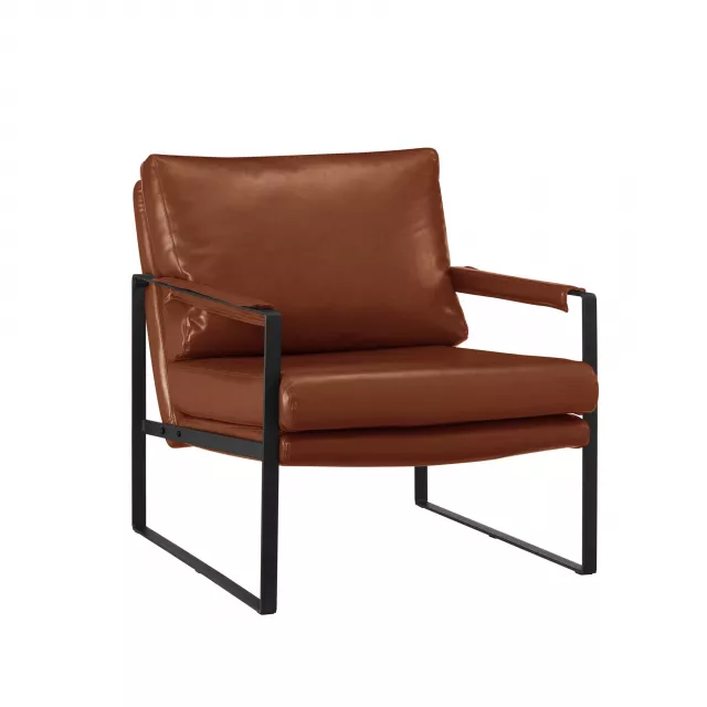 Brown faux leather armchair with wood armrests and comfortable rectangle design