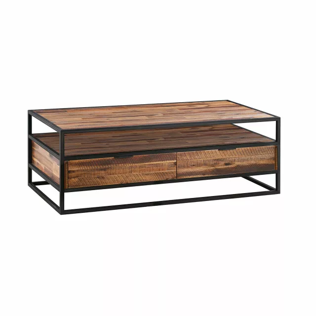 Stylish wood metal coffee table with drawers and shelf for living room