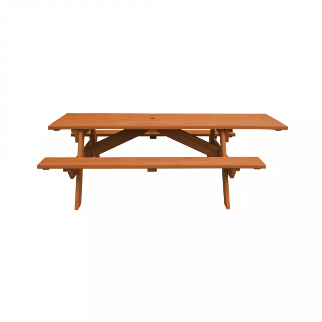 Wood outdoor picnic table with bench seats and umbrella hole for garden furniture