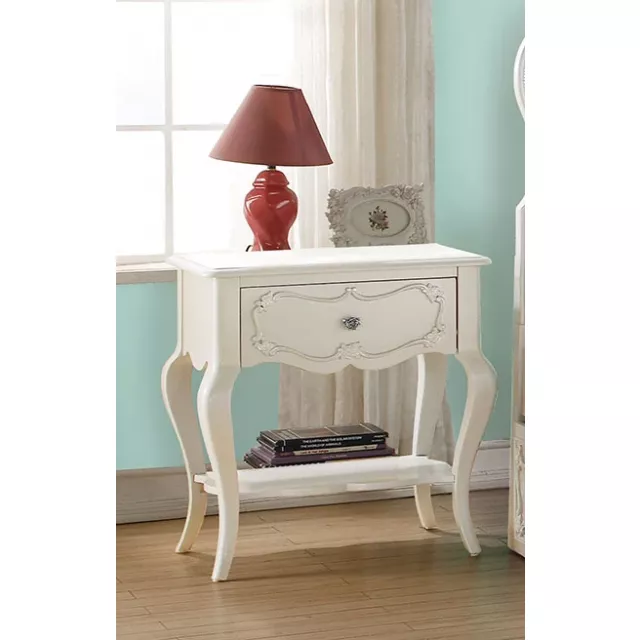 Pearl white pine wood nightstand with grey hardwood flooring