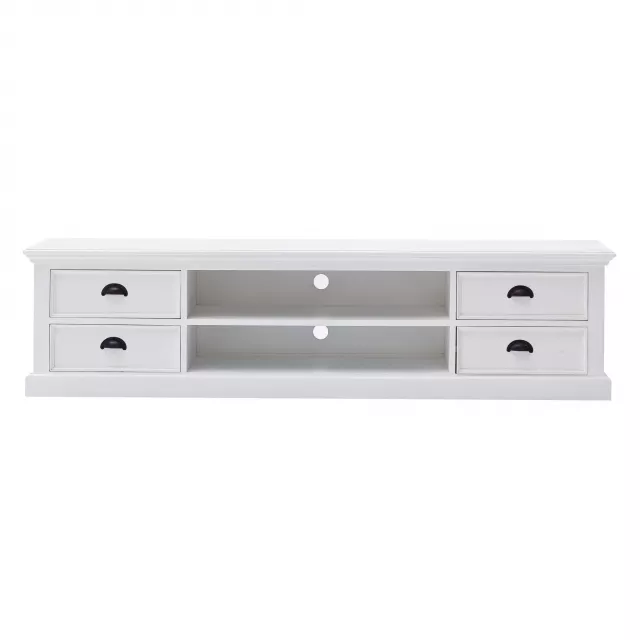 Classic white entertainment unit with four drawers and metal handles