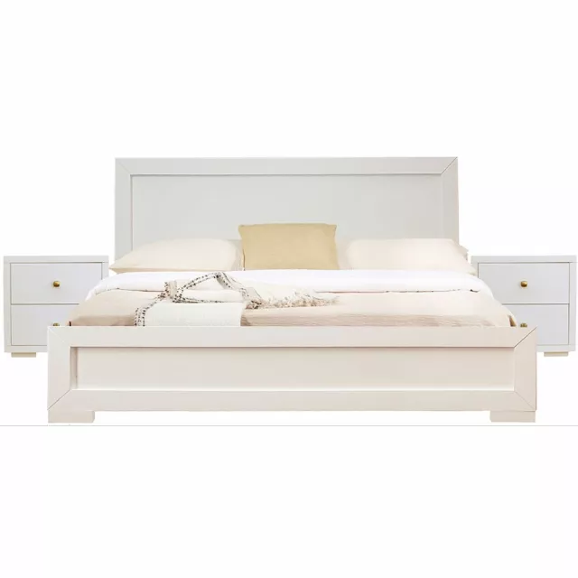 White wood platform king bed with integrated nightstands for modern bedroom decor