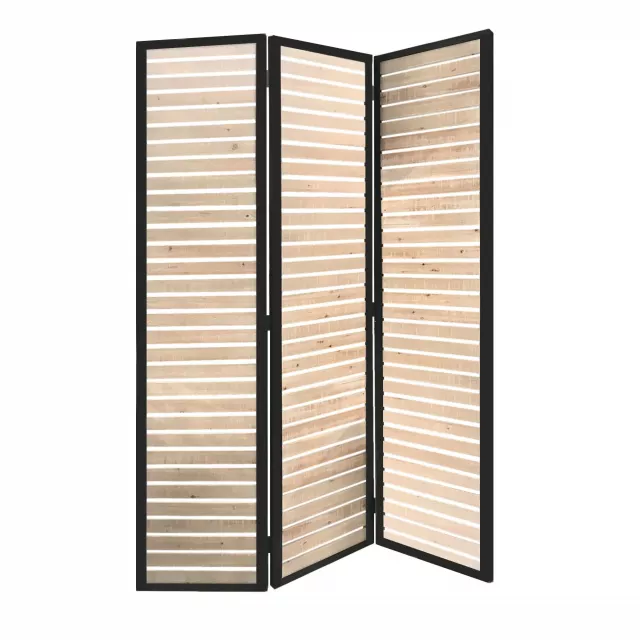 Natural brown wood and metal screen with parallel slats and tinted shades for room facade