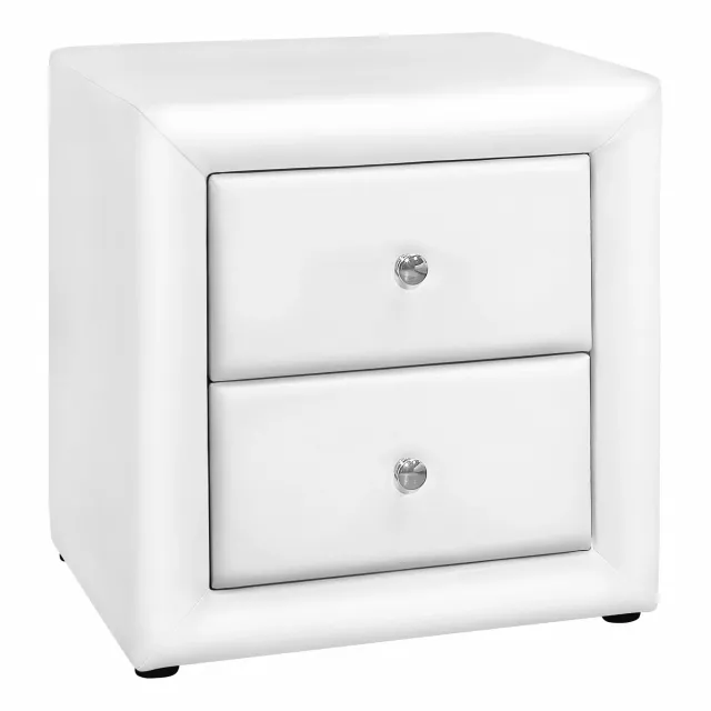 White faux leather drawer nightstand with sleek metal handles for modern bedroom decor