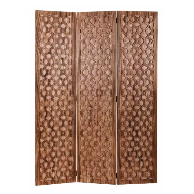 Carved brown wood room divider screen with intricate patterns and wood stain finish