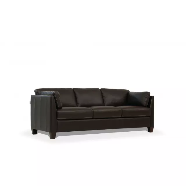 Chocolate leather black sofa with comfortable cushioning and wooden accents